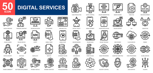 Digital Services icon set collection. Cloud service, internet of thing, digital security, cloud compunting, digital control icon. Simple line vector.
