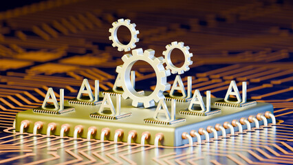 3D Render of AI Microchip and Digital Circuit Board