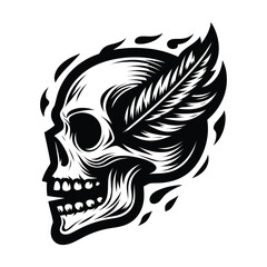 Skull with Feather Graphic Black and White Illustration