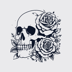 Skull with Roses Illustration Dark Floral Tattoo Style