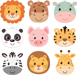 Fototapeta premium Adorable Cartoon Animal Faces - Nursery & Kids Book Vector Set, Cute Animal Face Illustrations - Playful & Colorful Vector Collection