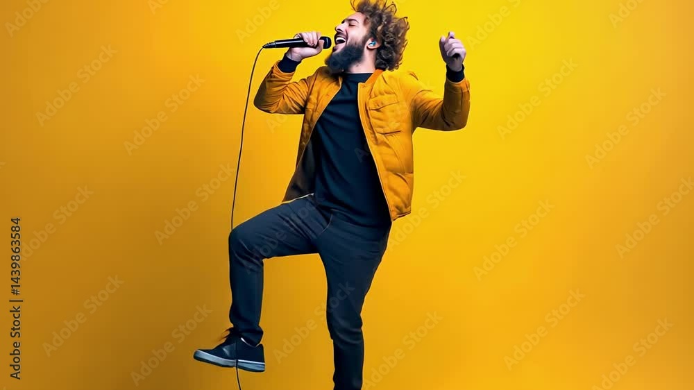 Poster energetic singer passionately singing into a microphone, illuminated by orange stage lights, creatin