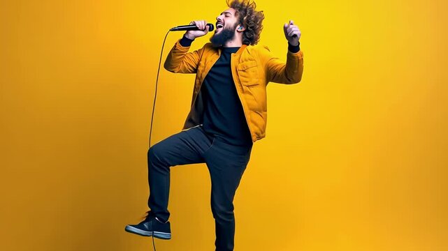 Energetic singer passionately singing into a microphone, illuminated by orange stage lights, creating a vibrant and captivating performance