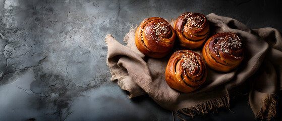 simple, round homemade buns on gray linen scarf isolated over grey background; concept of danish religious holiday, 4th friday after easter; copy space