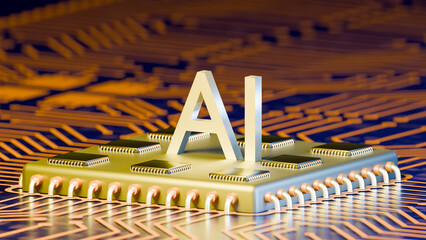 3D Render of AI Microchip and Digital Circuit Board