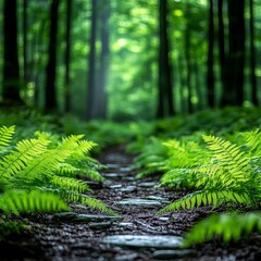 Lush Ferns on Forest Path with Sunlight and Peaceful Forest Scene