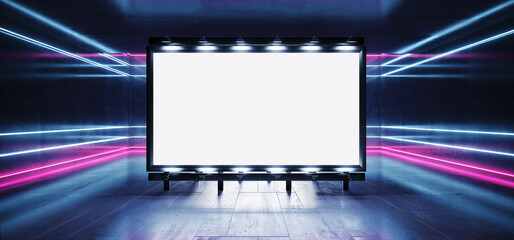 Sci Fi Billboard Showroom Commercial Empty Plane Space Realistic Warehouse Garage Room Studio Light Shadows Concrete Cement Metal Structure 3D Rendering © IM_VISUALS