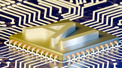 3D Render of AI Microchip and Digital Circuit Board