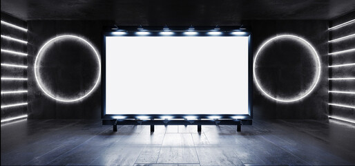 Sci Fi Billboard Showroom Commercial Empty Plane Space Realistic Warehouse Garage Room Studio Light Shadows Concrete Cement Metal Structure 3D Rendering © IM_VISUALS