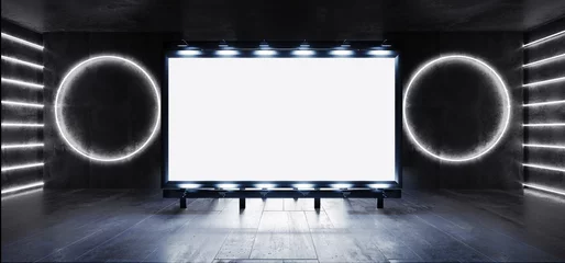 Sci Fi Billboard Showroom Commercial Empty Plane Space Realistic Warehouse Garage Room Studio Light Shadows Concrete Cement Metal Structure 3D Rendering © IM_VISUALS