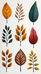 Obraz premium A collection of nine unique watercolor autumn leaves and branches perfect for fall-themed designs and projects showcasing various shapes colors and textures of foliage.