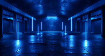 Sci Fi Futuristic Neon Triangle Laser Bolts Electric Cyber Glowing Bunker Red Lights Stage Garage Hangar Hallway Corridor Tunnel Cement Concrete Grunge Basement Club 3D Rendering Illustration © IM_VISUALS