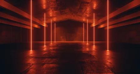 Sci Fi Futuristic Neon Triangle Laser Bolts Electric Cyber Glowing Bunker Red Lights Stage Garage Hangar Hallway Corridor Tunnel Cement Concrete Grunge Basement Club 3D Rendering Illustration © IM_VISUALS