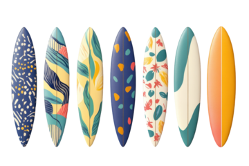 Colorful surfboards with unique patterns stand out in the waves creating a stunning seaside display
