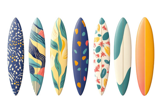 Colorful surfboards with unique patterns stand out in the waves creating a stunning seaside display