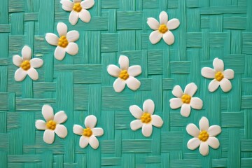 Decorative small white flowers on a teal woven background.