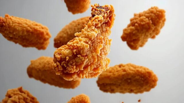 Grilled chicken legs, drumsticks falling in the air, isolated on gray background, food concept. Crispy fried chicken nuggets levitation. Roast chicken strips, pieces flying in the air. Dynamic scene