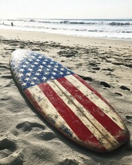 Vintage American Flag Surfboard Resting on Beach Sand at Sunset for Patriotic Surf Culture