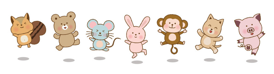 元気にジャンプするかわいい動物たち｜リス・クマ・ネズミ・ウサギ・サル・ネコ・ブタ｜ベクター素材
