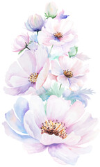 Fototapeta premium Watercolor bouquet with pink peony flowers and leaves, pastel romantic wedding isolated illustration