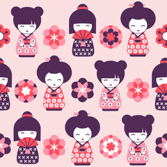 kokeshi dolls pink vector seamless pattern