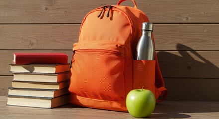 Orange backpack with books, water bottle and apple for school year