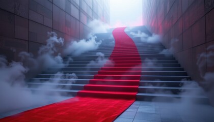 Staircase grand and red carpet concept. A dramatic staircase with a red carpet and fog leading to light.