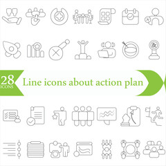   Line icons about action plan. Contains such icons as search strategy, target, scheme, timeline and workflow.Action plan set of web icons in line style.