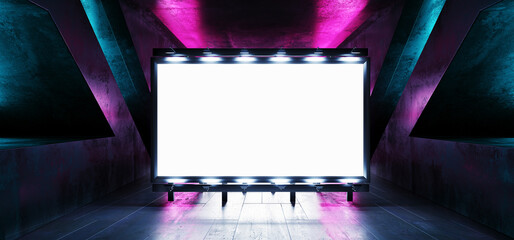 Sci Fi Billboard Showroom Commercial Empty Plane Space Realistic Warehouse Garage Room Studio Light Shadows Concrete Cement Metal Structure 3D Rendering © IM_VISUALS