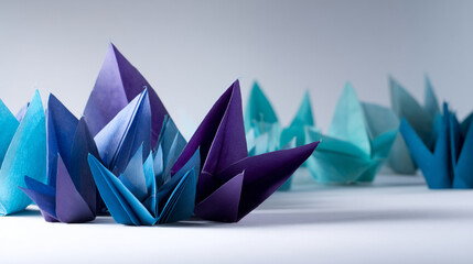 Close-up of blue and purple origami paper creations, arranged as a cluster, showcasing intricate folds and a serene aesthetic, symbolizing creativity and artistry, ideal for design or craft concepts