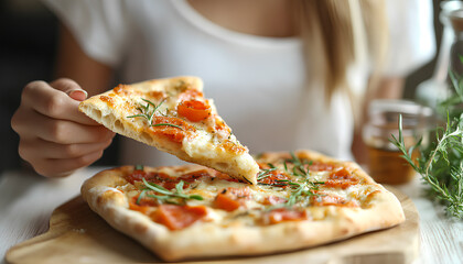 Woman with piece of tasty focaccia bread at white wooden table, close up