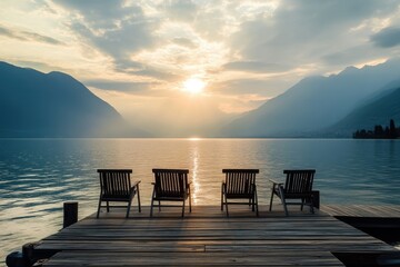 Wooden Chairs on Pier Overlooking Lake at Sunset with Cloudy Sky