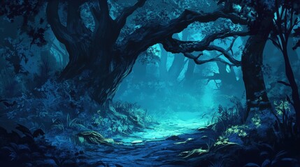 Obraz premium Woods Scene. Dark Mysterious Background with Surreal Halloween Atmosphere