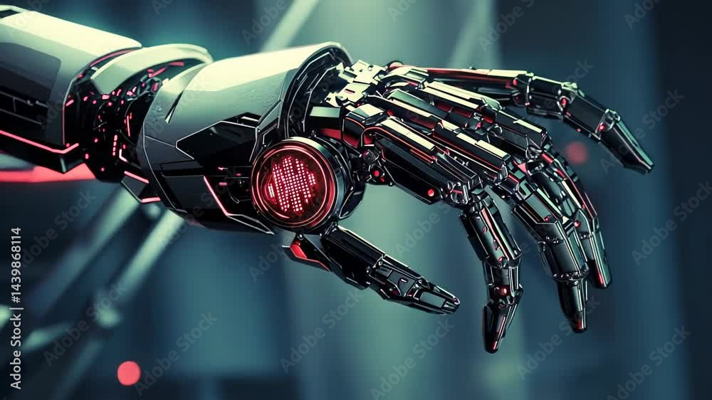 Poster intricate robotic hand reaches out in a futuristic lab setting to explore advanced technology and in