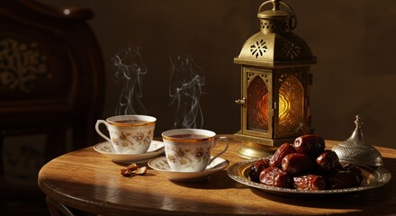 Fototapeta premium Ramadan Kareem still life with dates, tea, and lantern on wooden table