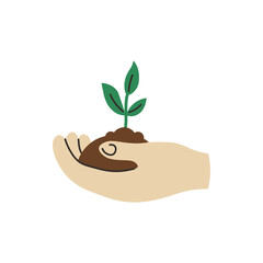 Hand Holds Soil with Seedling. Human Palm Fingers Gesture with Nature. Environment Protection Save Gardening symbol. Vector illustration in flat style