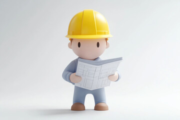 Faceless Cartoon Construction Worker wear grey suit reading construction plan. Generic light brown 3d Cartoon Figure Wearing Yellow Hard Hat grey suit on white background.