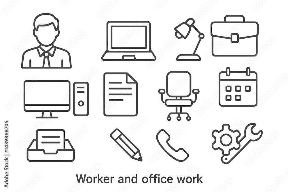 Aufkleber Set of minimalistic line style web icons representing worker and office tasks for digital design projects