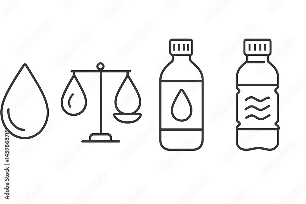 Aufkleber Set of web icons representing water-related concepts in line style featuring drops, scales, and bottles
