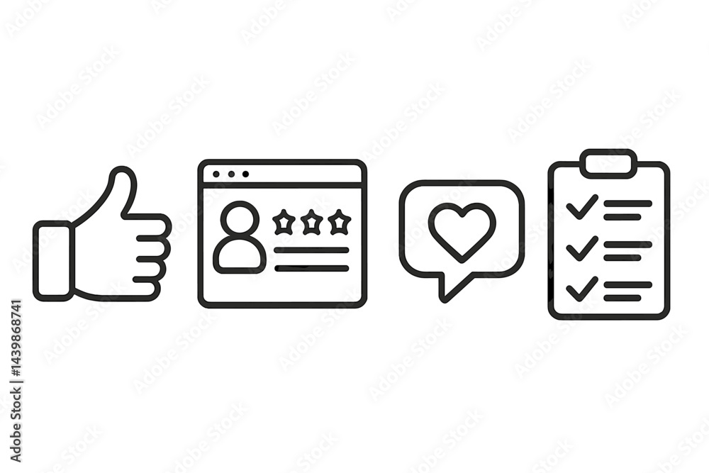 Poster Set of web icons featuring hand gesture, user profile, message bubble, and checklist in line style for digital use