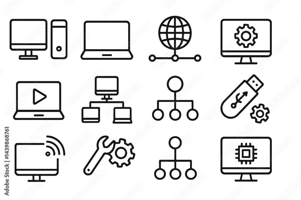 Fototapete Set of web icons in line style representing various technology and networking concepts commonly used in digital design