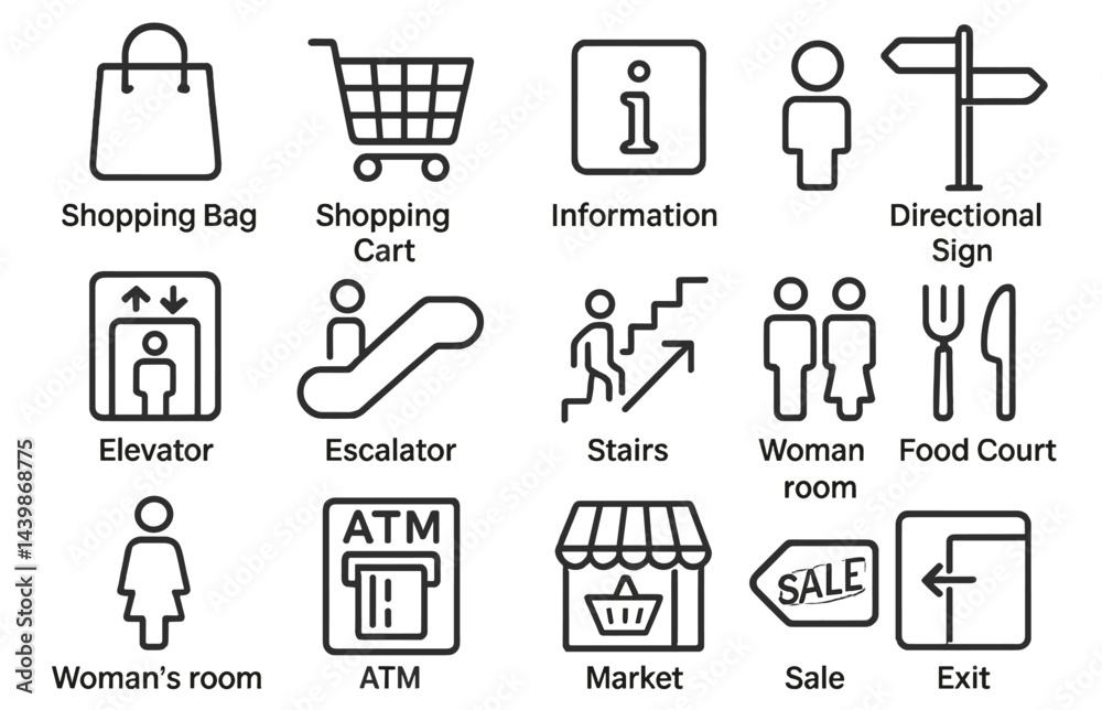 Poster Collection of line style web icons representing various shopping and directional symbols for online use