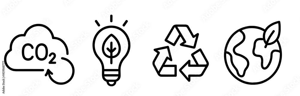 Poster set of web icons featuring line style designs for environmental concepts including carbon dioxide, e