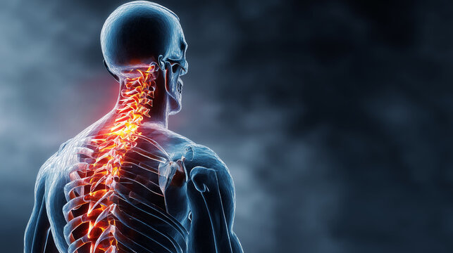Detailed anatomical render of human spine, highlighting neck vertebrae with glowing orange, suggesting pain or inflammation, set against a dark, blurry background, showcasing medical conditions