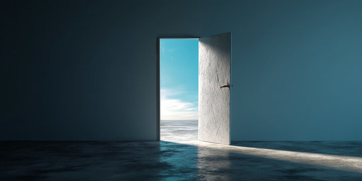 Open door revealing bright sky and horizon, symbolizing new opportunities, hope, and freedom, perfect for inspirational or motivational concepts
