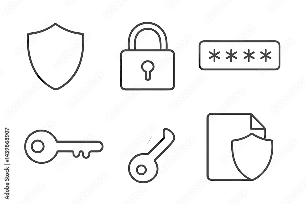 Poster Set of line style web icons representing security features such as shields, locks, keys, and documents for online safety