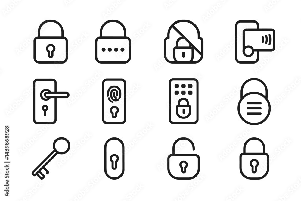 Poster Set of web icons featuring line style illustrations related to security and access control systems ideal for digital applications