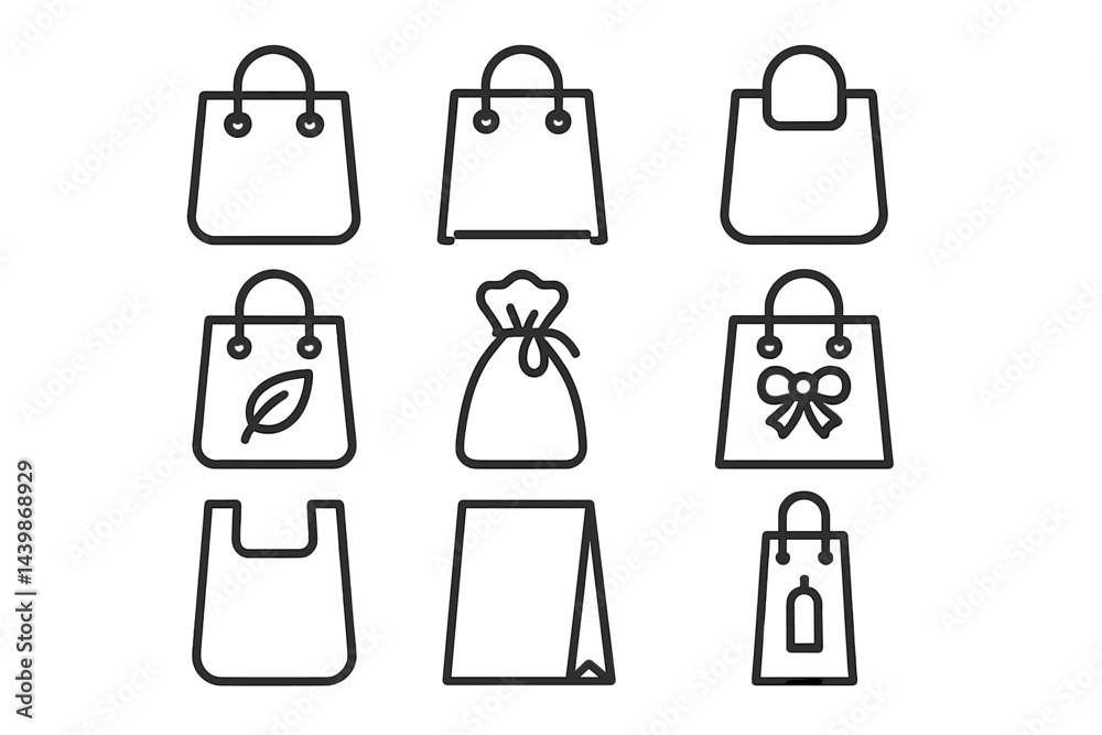 Poster Collection of web icons featuring shopping bags in line style for digital design and ecommerce applications
