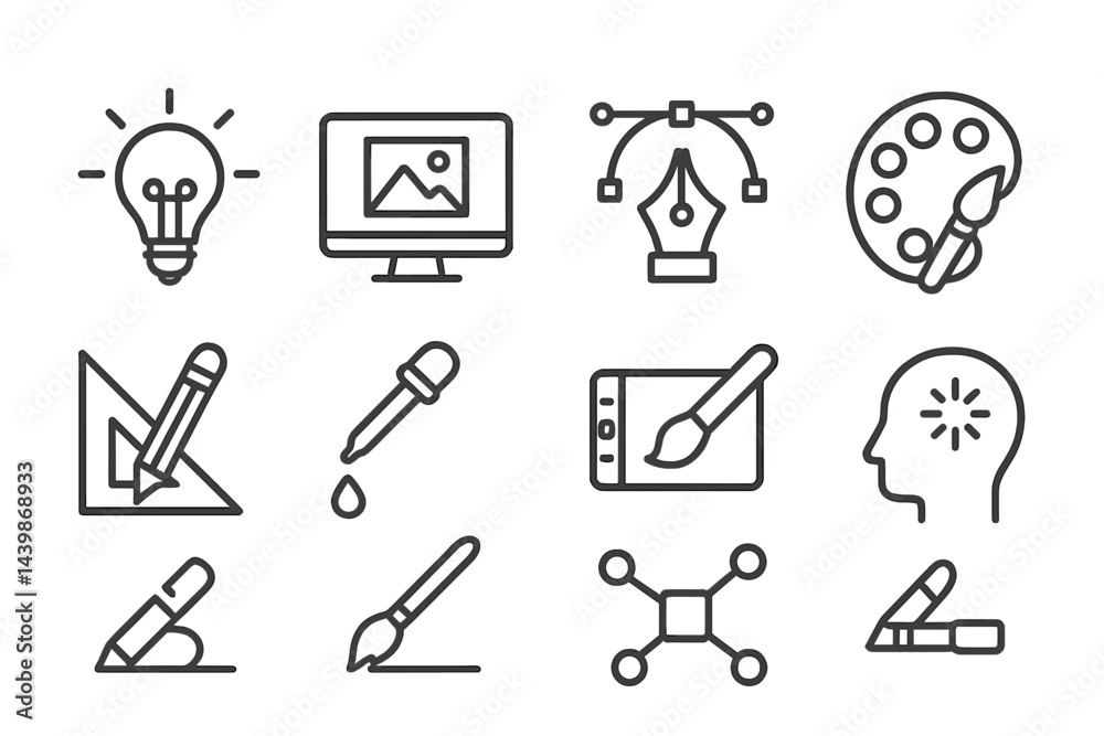 Fototapete Set of web icons illustrating design tools and creative elements in line style for digital projects