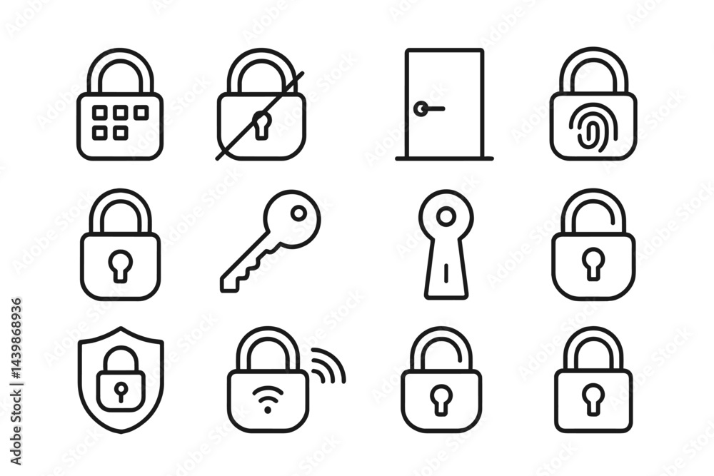 Poster Set of web icons representing security features including locks, keys, and doors designed in a clean line style